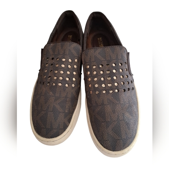MK Michael KORS Keaton loafer shoes flats slip on laser cut out brown gold 6.5 - Picture 2 of 10
